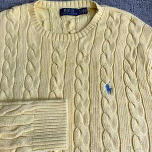 Ralph Lauren Creamy Yellow Cable Knit Crewneck Sweater with Blue Polo Pony